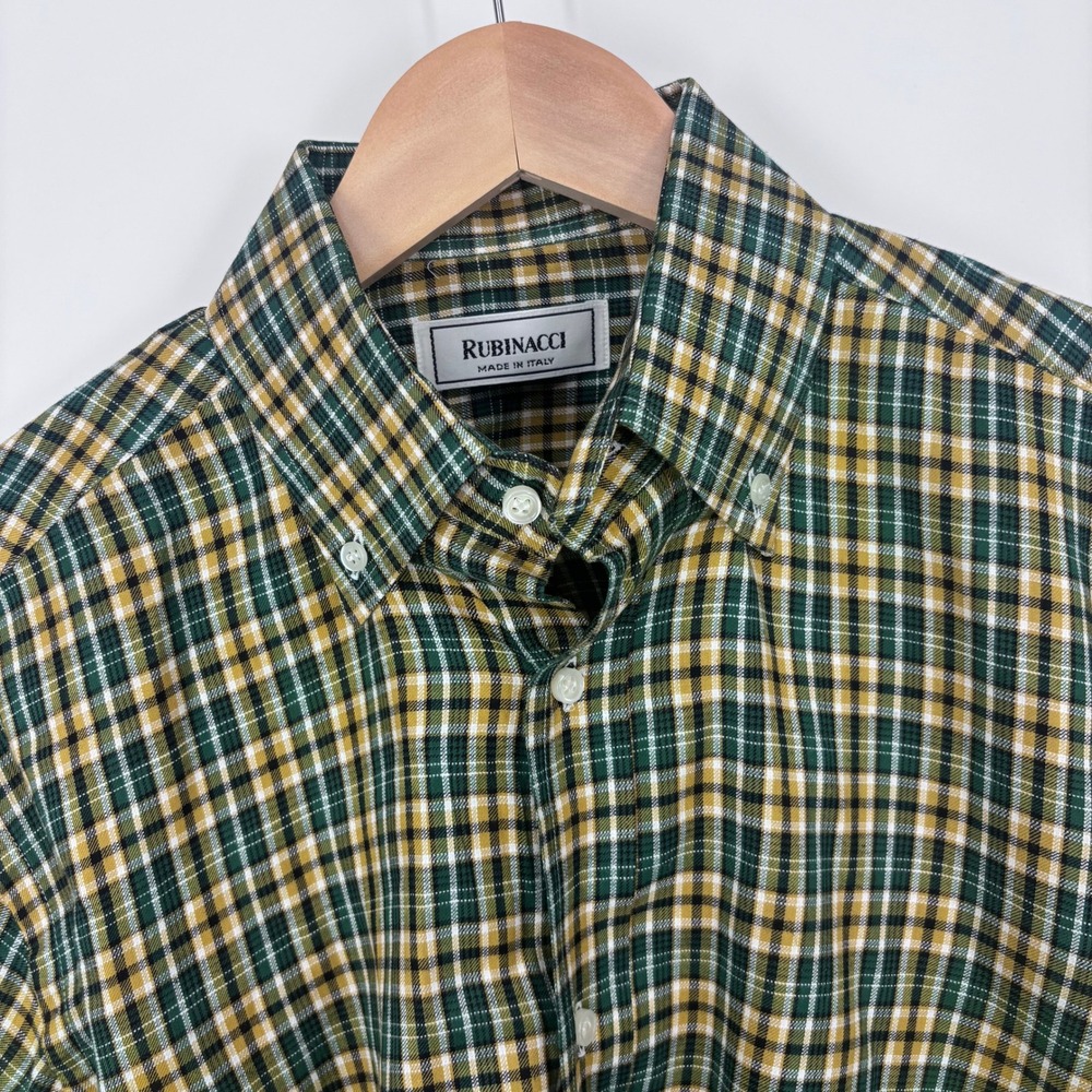 Rubinacci‎ Button Down Shirt Mens 15.5 39 Green Yellow Plaid Italian *SMALL FLAW